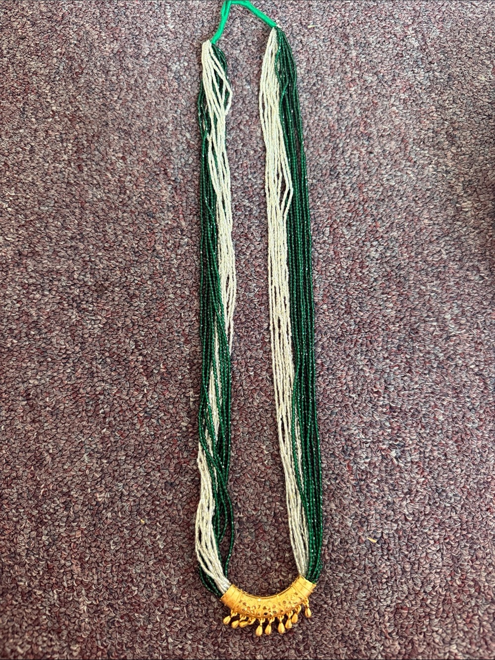 Green and Cream Multi-Strand Beaded Necklace with Gold Pendant